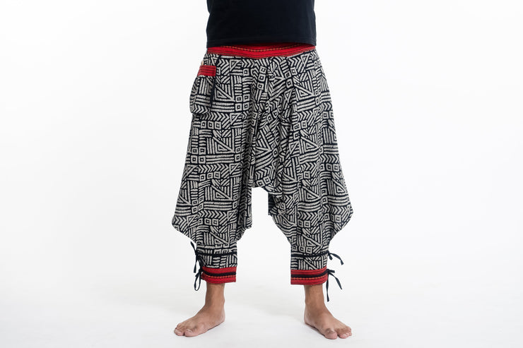 Woven Prints Thai Hill Tribe Fabric Men's Harem Pants with Ankle Straps in Black