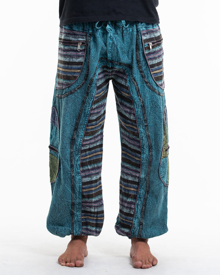 Men's Patchwork Stone Washed Cargo Cotton Pants in Blue 06