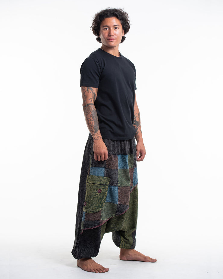 Men's Patchwork Stone Washed Low Cut Cotton Pants in Black 02