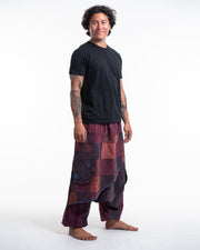 Men's Patchwork Stone Washed Low Cut Cotton Pants in Maroon 02