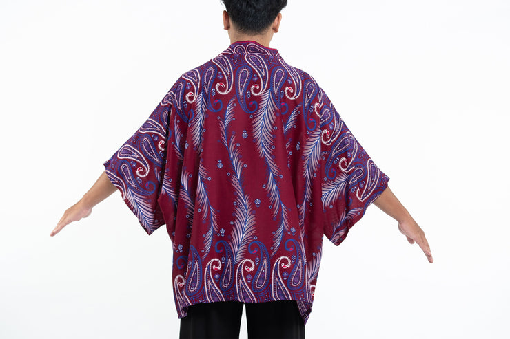 Paisley Feathers Kimono Cardigan in Red