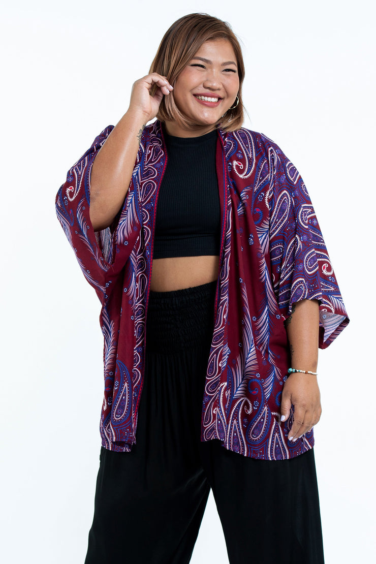 Paisley Feathers Kimono Cardigan in Red