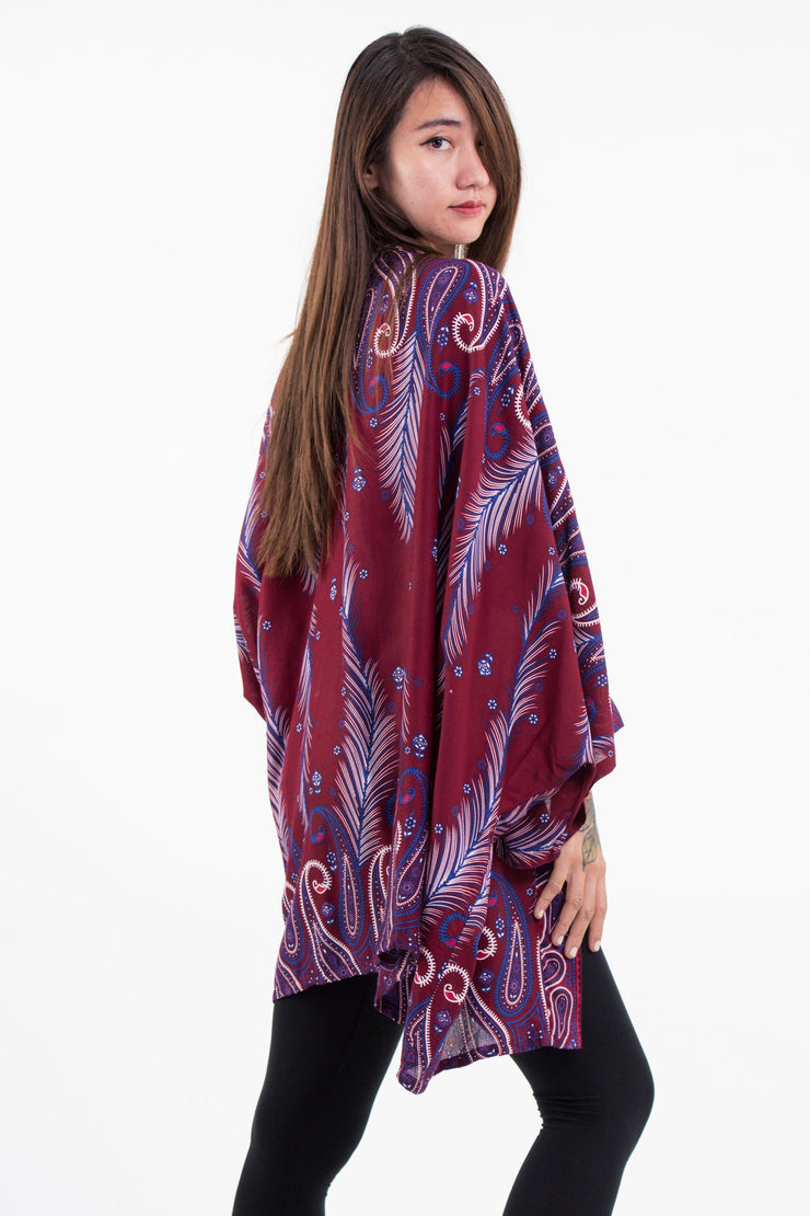 Paisley Feathers Kimono Cardigan in Red