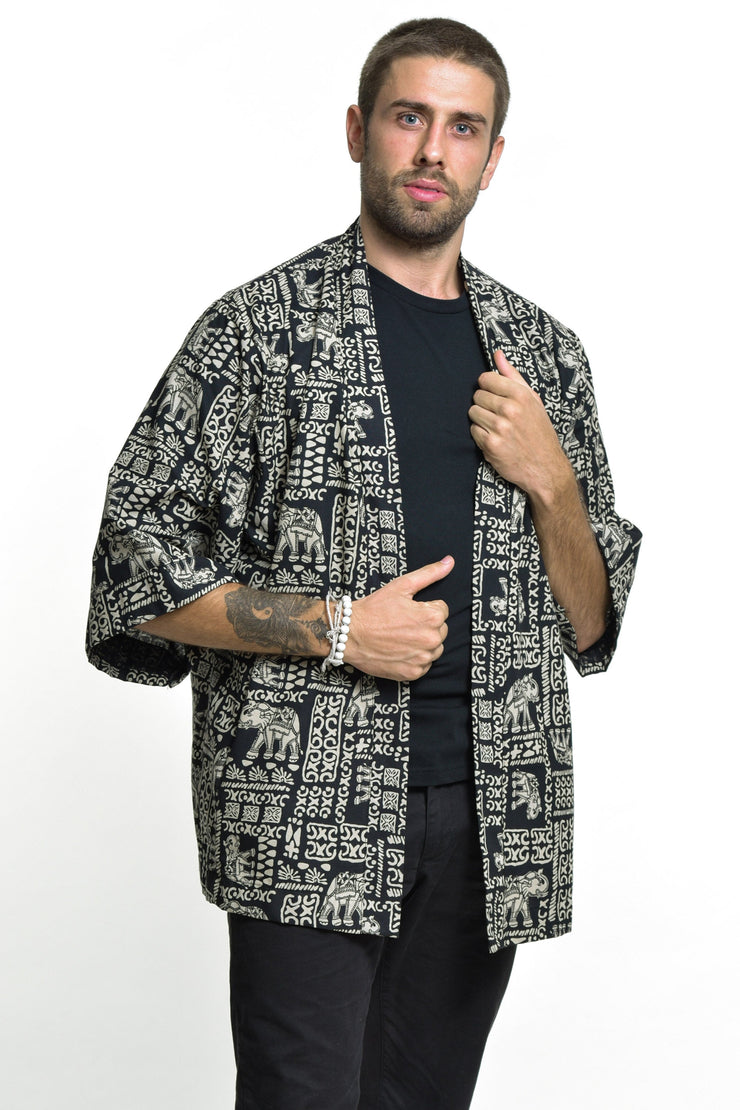 Elephant Print Cotton Kimono Cardigan in Black