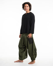 Men's Thai Button Up Cotton Pants with Hill Tribe Trim Olive