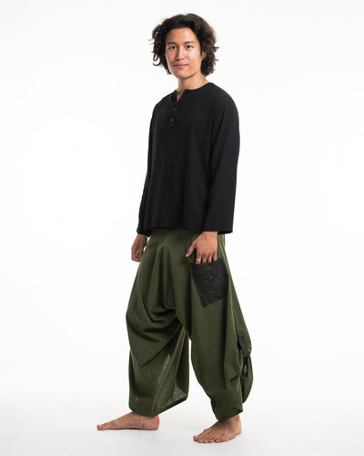 Men's Thai Button Up Cotton Pants with Hill Tribe Trim Olive