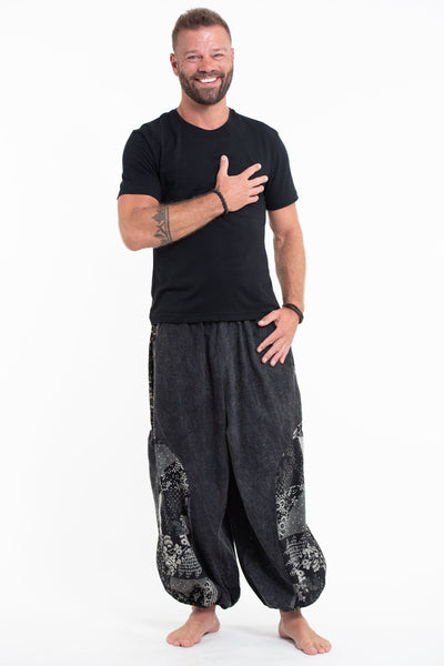 Stone Washed Patchwork Men Unisex Pants in Black