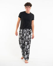 Tribal Mask Print Men Cotton Pants in Black