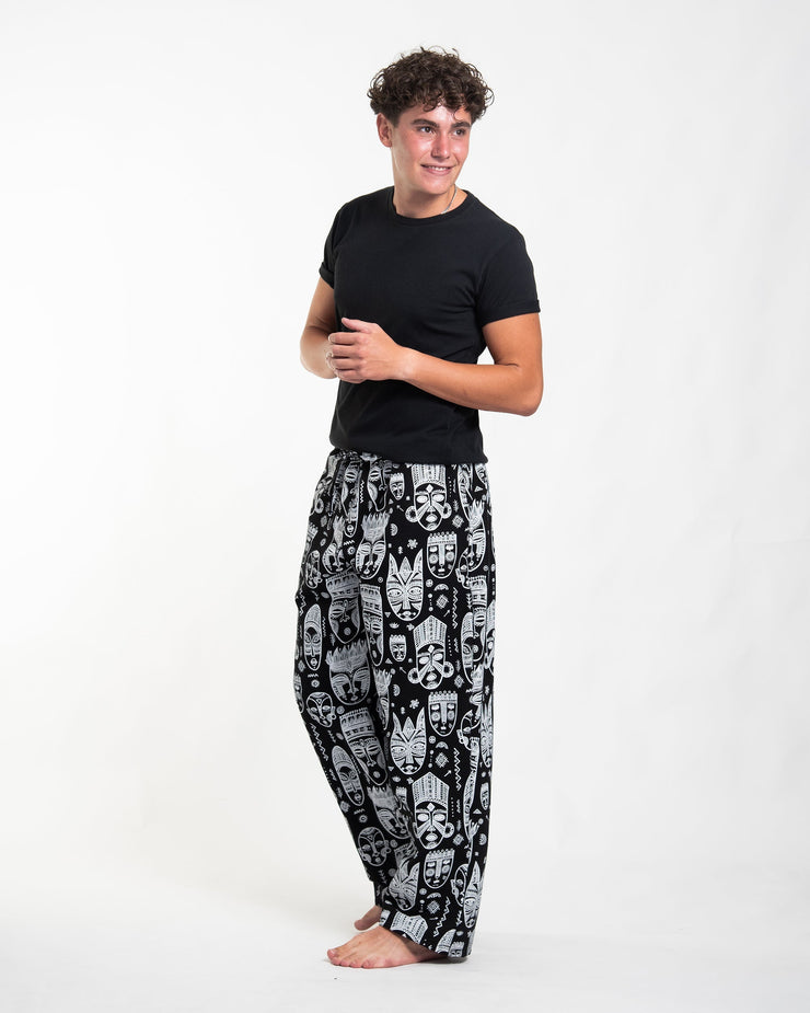 Tribal Mask Print Men Cotton Pants in Black