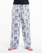 Tribal Mask Print Men Cotton Pants in White