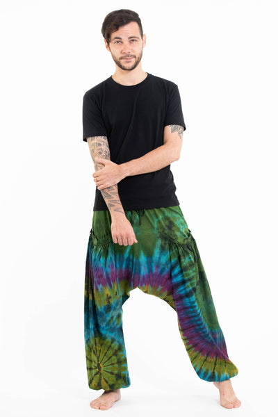 Tie Dye Cotton Men Harem Pants in Green Blue