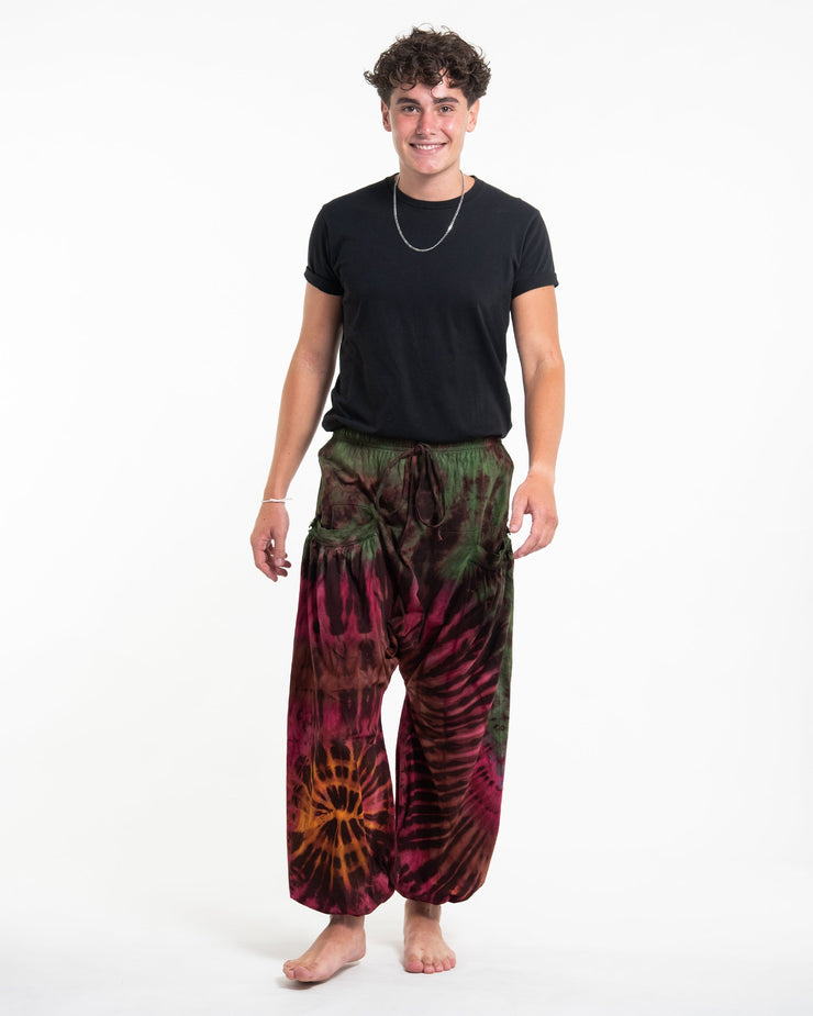 Tie Dye Cotton Men Harem Pants in Green Magenta