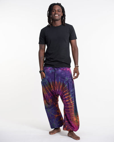 Tie Dye Cotton Men Harem Pants in Purple Rainbow