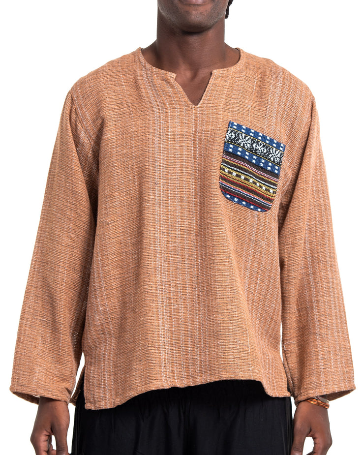 Unisex Woven Cotton Shirt with Tribal Pocket in Beige