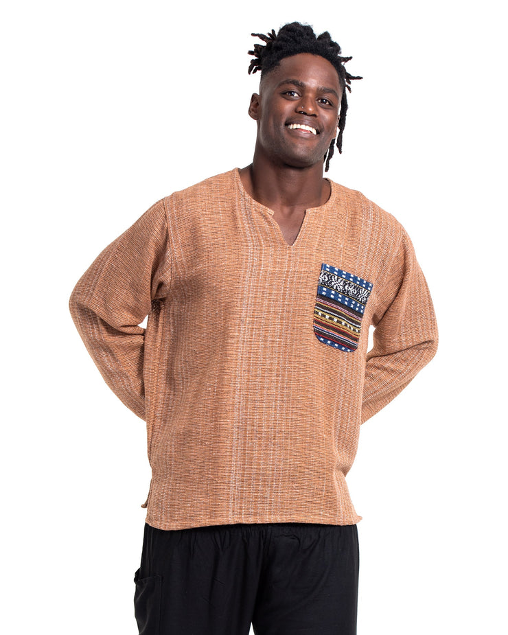 Unisex Woven Cotton Shirt with Tribal Pocket in Beige