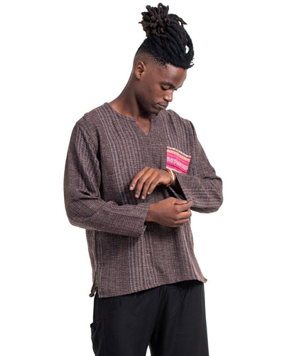 Unisex Woven Cotton Shirt with Tribal Pocket in Brown