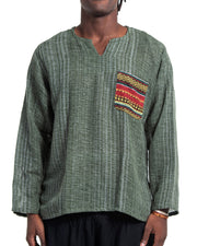 Unisex Woven Cotton Shirt with Tribal Pocket in Green