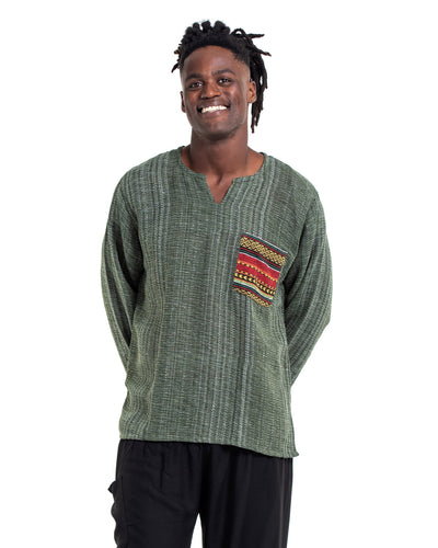 Unisex Woven Cotton Shirt with Tribal Pocket in Green