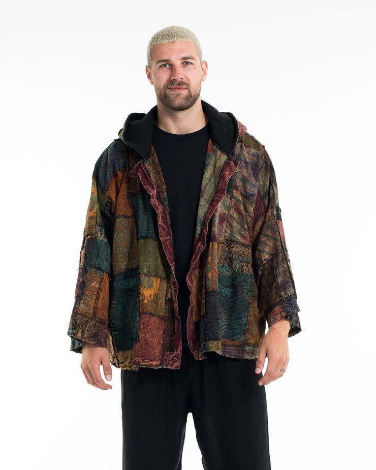 Patch Work Stone Wash Hooded Jacket in Multi Brown