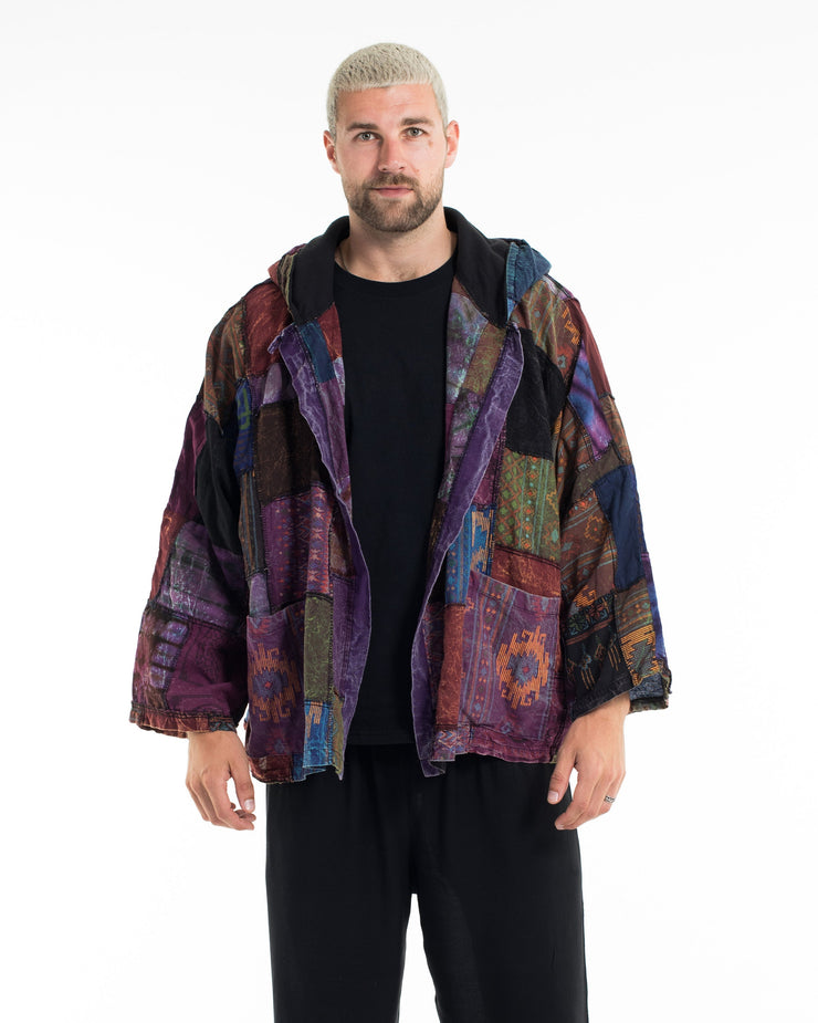 Patch Work Stone Wash Hooded Jacket in Multi Purple