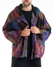 Patch Work Stone Wash Hooded Jacket in Multi Purple