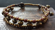 Brass Bell And Plum Bead Double Strand Bracelets