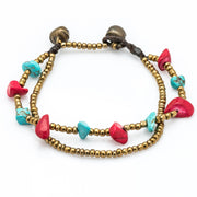 Brass Bead And Red/Turquoise Stone Double Strand Bracelets