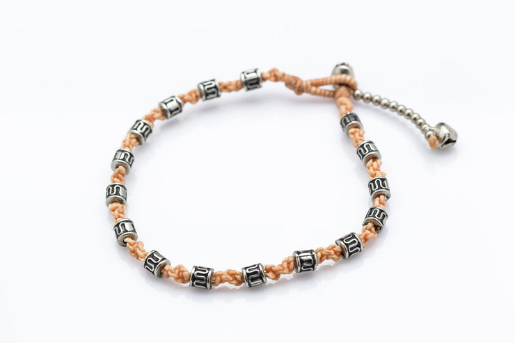 Hand Made Fair Trade Anklet Waxed Cotton Silver Beads Peach