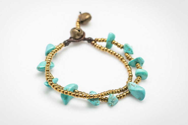 Brass Bead And Turquoise Stone Double Strand Bracelets