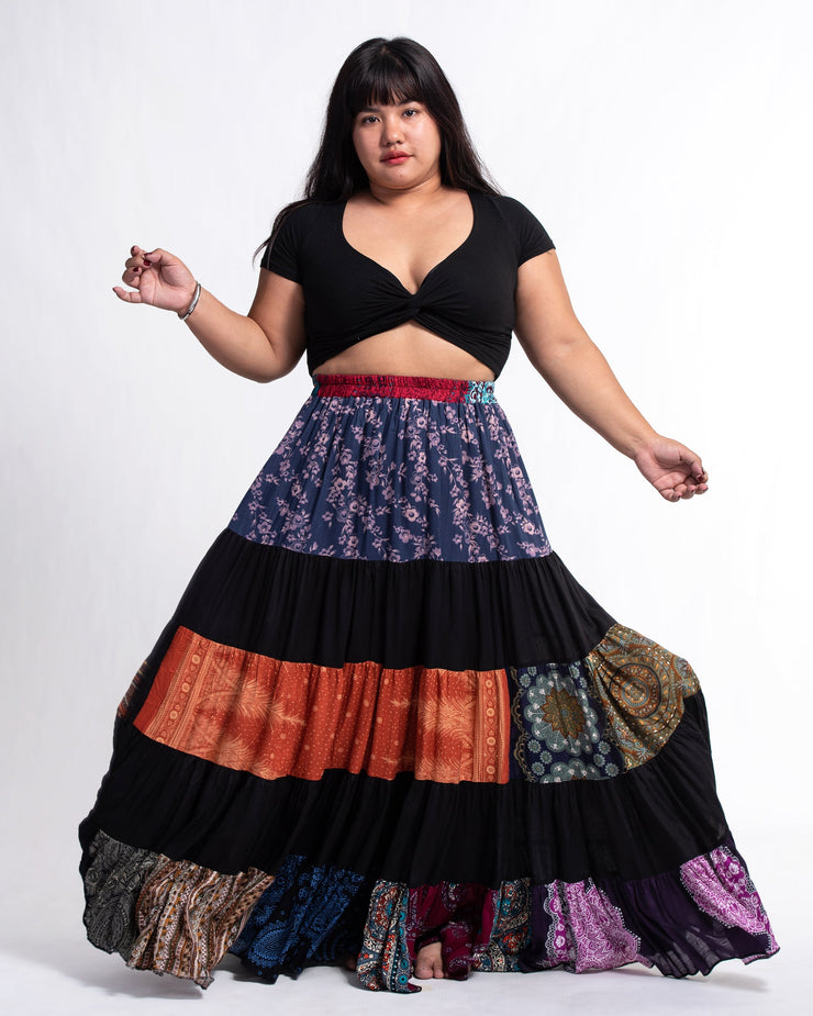 Plus Size Patchwork Long Skirt in Black