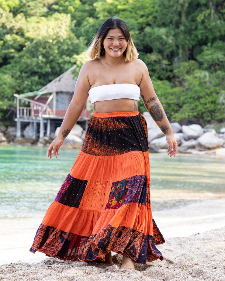 Plus Size Patchwork Long Skirt in Bright Orange