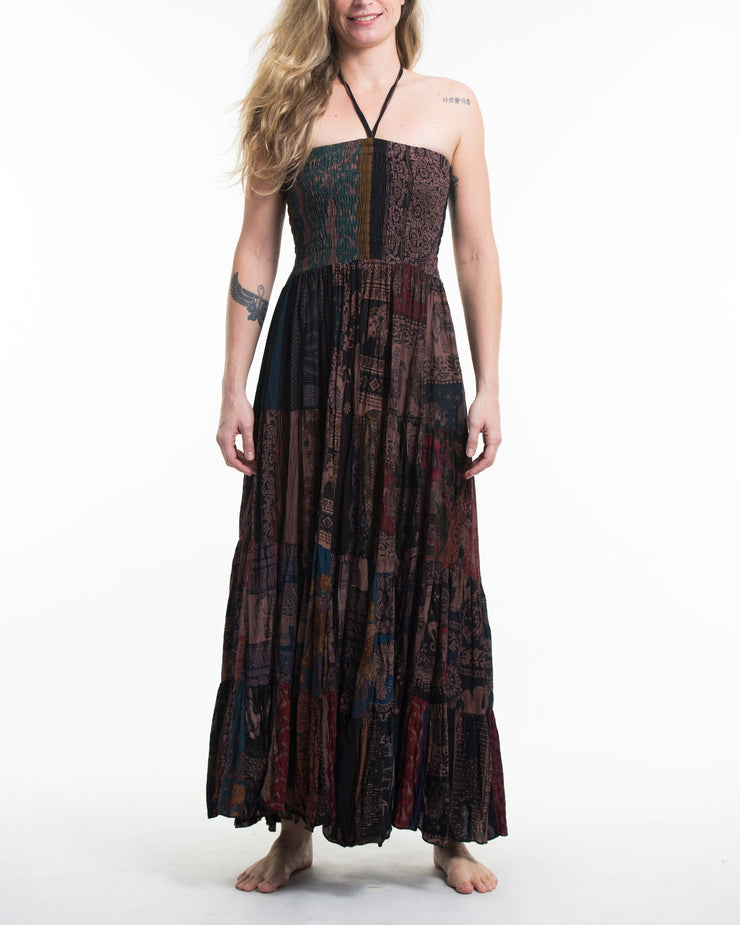 Upcycled Patchwork Multi Print Maxi Dress in Brown