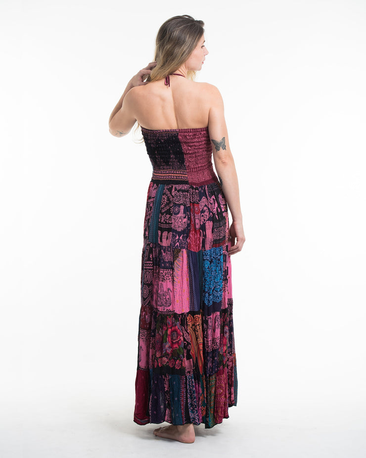 Upcycled Patchwork Multi Print Maxi Dress in Pink