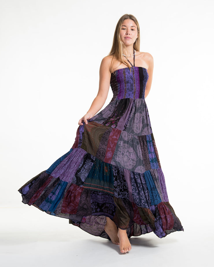 Upcycled Patchwork Multi Print Maxi Dress in Purple