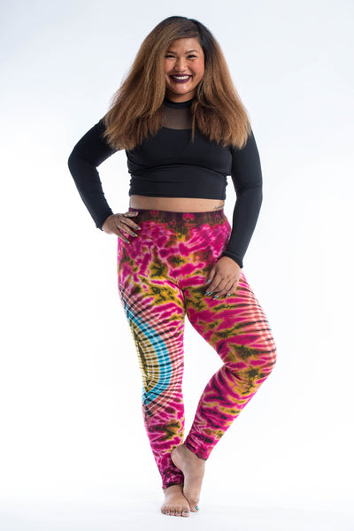 Plus Size Oval Swirls Tie Dye Cotton Leggings in Pink Rainbow