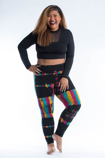 Plus Size Patch Dye Tie Dye Cotton Leggings in Festival Black