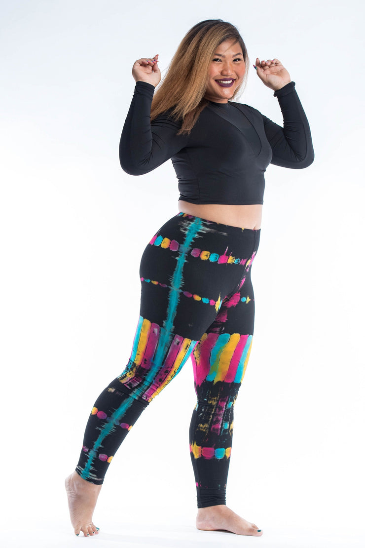 Plus Size Patch Dye Tie Dye Cotton Leggings in Festival Black