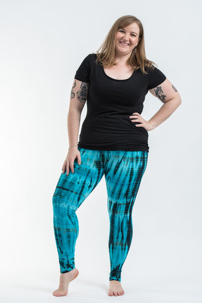 Plus Size Lightning Stripes Tie Dye Cotton Leggings in Turquoise