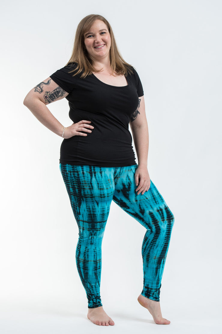 Plus Size Lightning Stripes Tie Dye Cotton Leggings in Turquoise