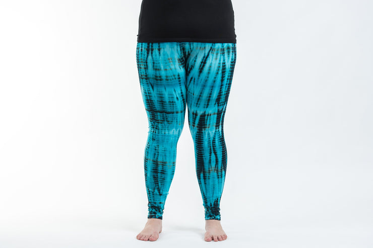 Plus Size Lightning Stripes Tie Dye Cotton Leggings in Turquoise