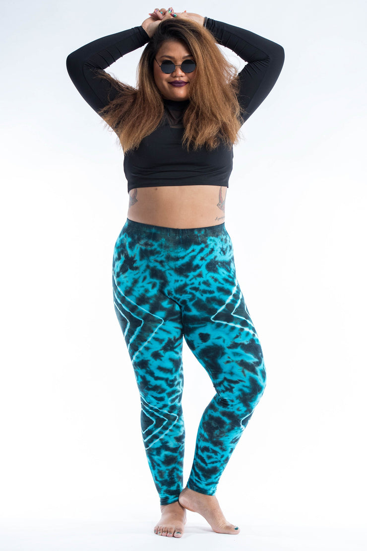 Plus Size Diamond Tie Dye Cotton Leggings in Turquoise