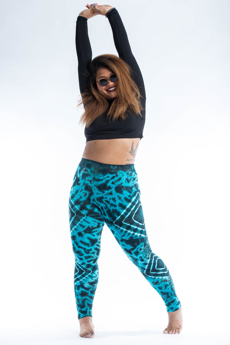 Plus Size Diamond Tie Dye Cotton Leggings in Turquoise