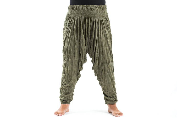 Plus Size Crinkled Cotton Harem Pants in Green