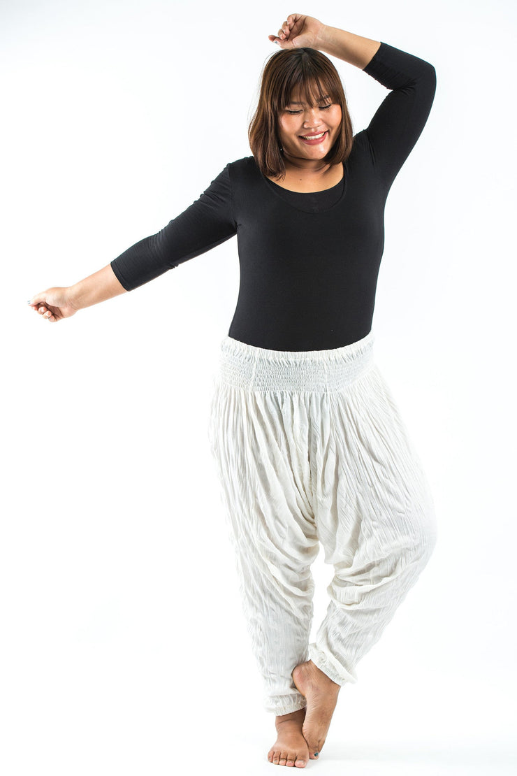 Plus Size Crinkled Cotton Harem Pants in White