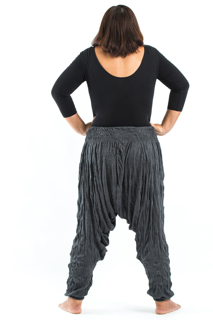 Plus Size Crinkled Cotton Harem Pants in Black