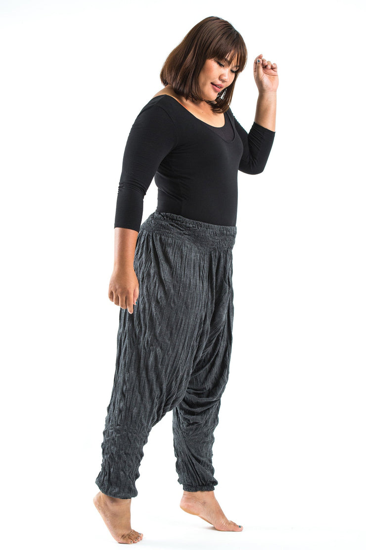 Plus Size Crinkled Cotton Harem Pants in Black