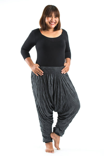 Plus Size Crinkled Cotton Harem Pants in Black