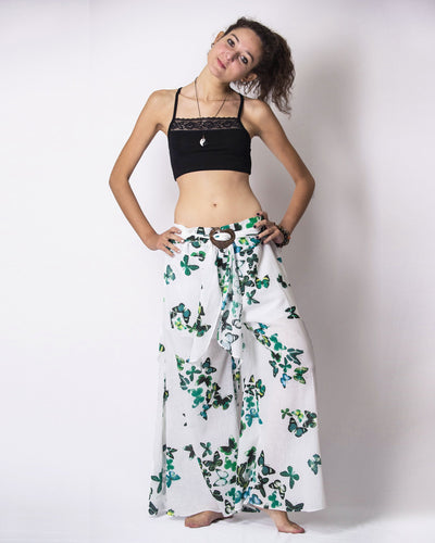 Women's Thai Harem Palazzo Pants in Butterflies Green