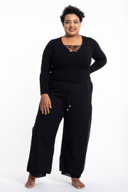 Plus Size Women's Thai Harem Double Layers Palazzo Pants in Solid Black