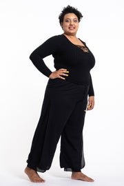 Plus Size Women's Thai Harem Double Layers Palazzo Pants in Solid Black